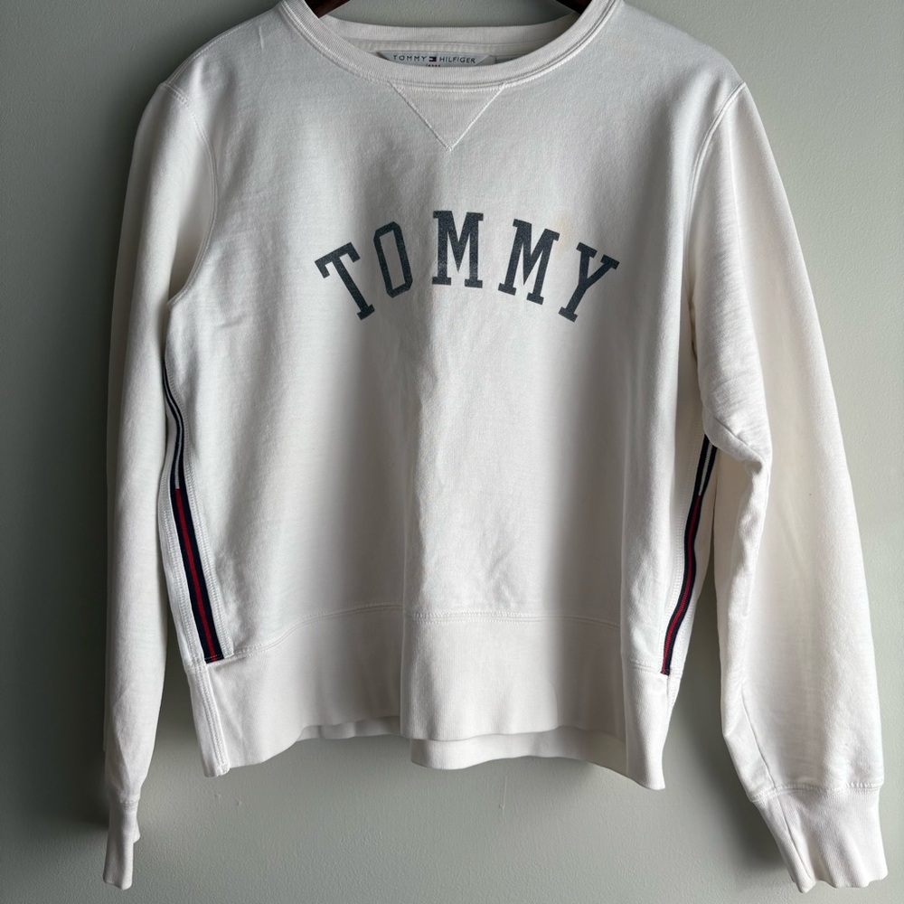 Tommy Hilfiger Cropped Sweatshirt White Logo Crewneck Preppy Sporty L
